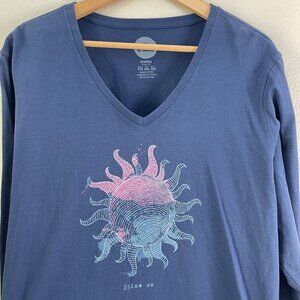 Life Is Good Womens Plus XXL Classic Fit Long Sleeve V Neck Tee Blue T Shirt